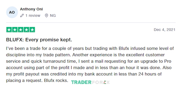 BluFX nhận được nhiều đánh giá tốt trên Trust Pilot